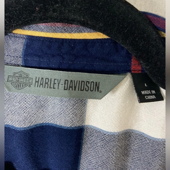 Harley Davidson black red white plaid raw hem button Shirt Sz L - Picture 8 of 11